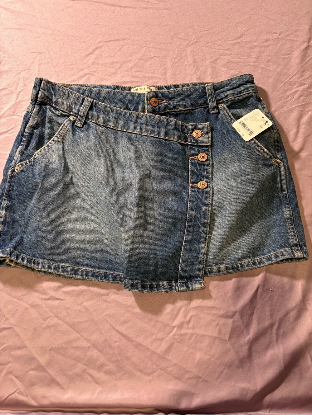We The Free Washed Blue Denim Button-Front Mini Skirt